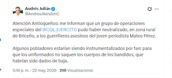 El gobernador Andrés Julián Rendón informó sobre la posible neutralización de guerrilleros que mataron al periodista Mateo Pérez - crédito @AndresJRendonC/X