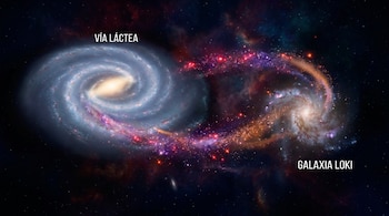 Ilustración que muestra dos galaxias espirales, la Vía Láctea (azul-gris) y la Galaxia Loki (naranja-rojiza), unidas por estelas de estrellas brillantes en el espacio.