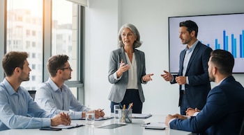 Una mujer y un hombre de negocios lideran una reunión de cinco personas en una sala de conferencias moderna con una pantalla de gráficos y una ventana grande.