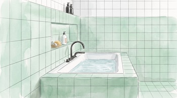 Ilustración de una bañera con agua y grifería negra en un baño revestido con azulejos verdes y un nicho con artículos de aseo.