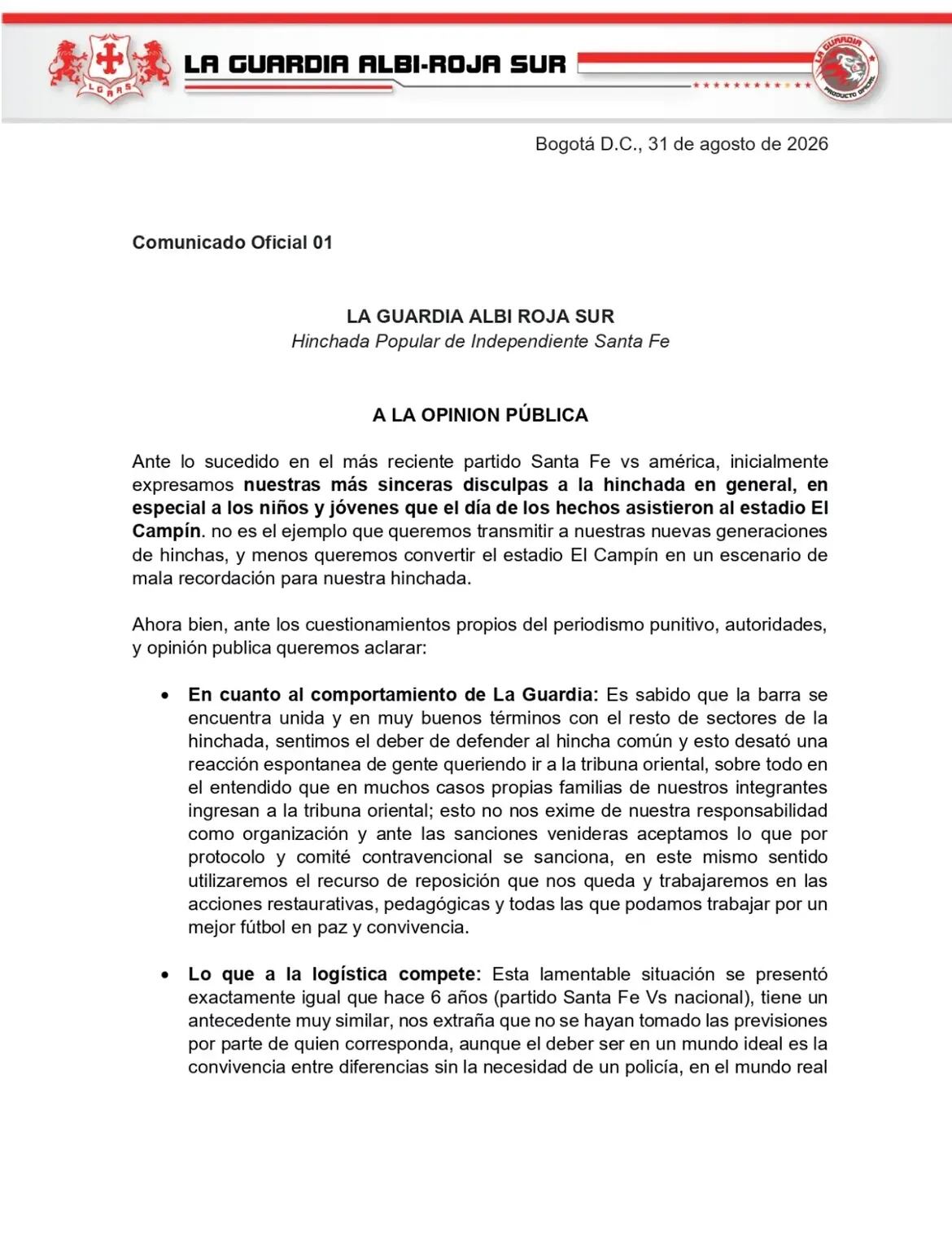 La barra de Independiente Santa Fe ofreció disculpas a la hinchada y admitió que los hechos dejaron una mala imagen para niños, jóvenes y asistentes al estadio El Campín - crédito lgars_oficial / Instagram