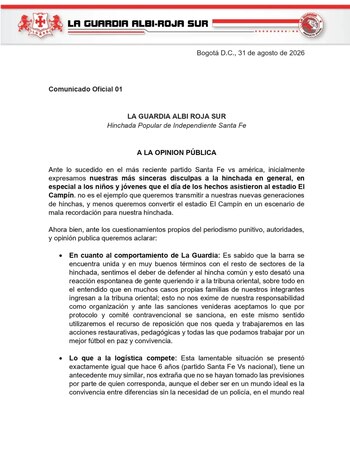 La barra de Independiente Santa Fe ofreció disculpas a la hinchada y admitió que los hechos dejaron una mala imagen para niños, jóvenes y asistentes al estadio El Campín - crédito lgars_oficial / Instagram
