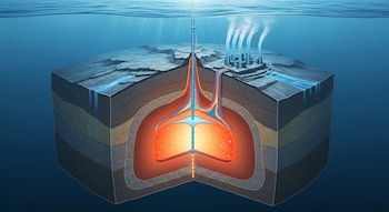Corte transversal del océano que muestra un pozo de perforación marino, capas geológicas subterráneas, una cavidad con agua caliente y chimeneas de vapor.