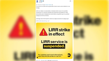 Captura de pantalla de una publicación de LIRR en X/Twitter que anuncia la suspensión del servicio por huelga, con texto en inglés y español