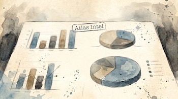 Una ilustración en acuarela muestra un documento con dos gráficos de barra y dos gráficos de círculo, y el sello 'Atlas Intel' en el centro superior.