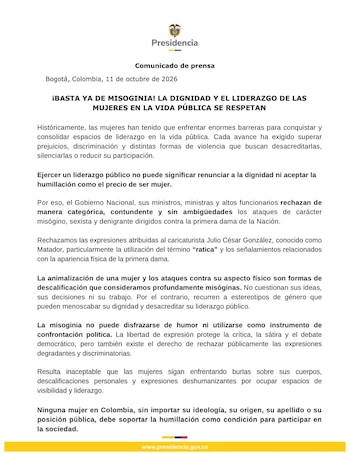 La Presidencia de la República pidió a humoristas y caricaturistas no usar esas expresiones artísticas como instrumento para fomentar la misoginia - crédito Presidencia