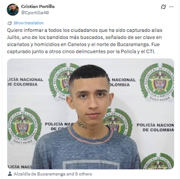 El alcalde de Bucaramanga, Cristian Portilla Pérez, reaccionaron a la captura de "Julito" - crédito @Cportilla40/X