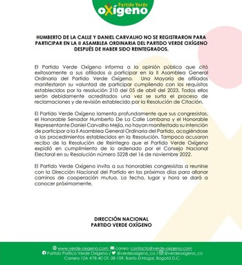 No para la novela en Verde Oxigeno: partido asegura que de la Calle y Carvalho no quisieron inscribirse en la asamblea general
