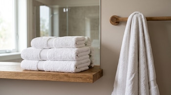 Tres toallas de baño blancas dobladas sobre una repisa de madera y una toalla colgada de un toallero de madera junto a un espejo.