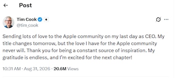 Captura de pantalla de una publicación en red social con texto en inglés firmada por Tim Cook y fechada el 31 de agosto de 2026