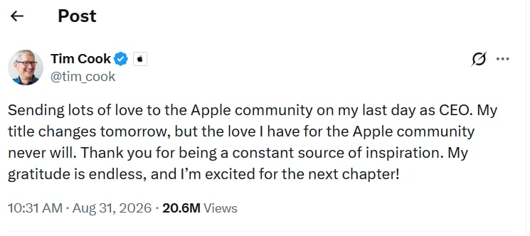 Tim Cook expresó su gratitud por Apple y su emoción por su siguiente capítulo en la empresa. (X: tim_cook)
