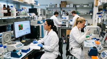 Científicos con batas blancas en un laboratorio frente a computadoras, centrifugadoras, reactivos y herramientas de pipeteo.