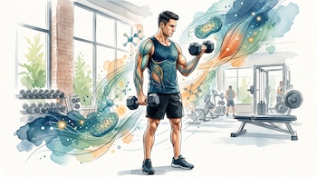 Hombre que levanta mancuernas en un gimnasio, con dibujos de mitocondrias, fibras musculares y estructuras moleculares alrededor.