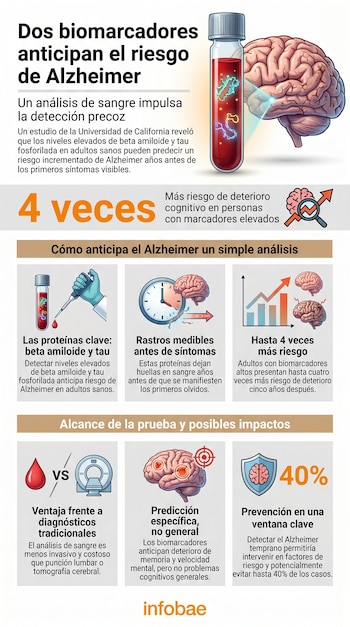Infografía que ilustra cómo un análisis de sangre detecta biomarcadores de beta amiloide y tau asociados al Alzheimer en el cerebro.