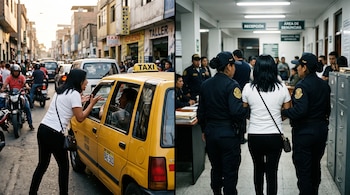 Imagen doble: a la izquierda, una mujer discute con un taxista amarillo; a la derecha, dos mujeres policías la escoltan en una comisaría.