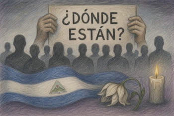 Cartel con la frase "¿Dónde están?" sobre siluetas de personas, junto a la bandera de Nicaragua, una flor marchita y una vela encendida.
