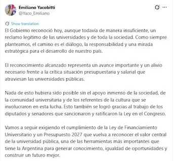 El vice rector de la UBA, Emiliano Yacobitti, destacó el apoyo social y la necesidad de mayor financiación y diálogo para el desarrollo del país