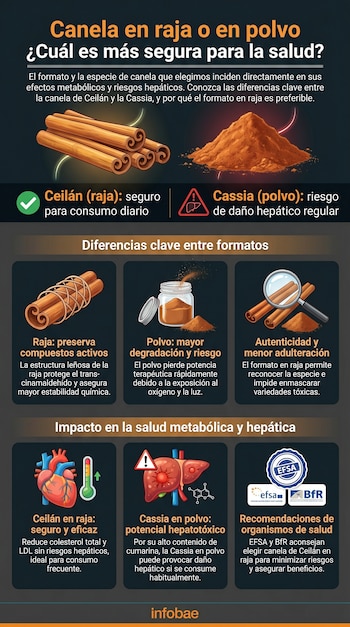 Infografía que compara canela en raja y canela en polvo, con texto explicativo, íconos de corazón, hígado, termómetro y logos de organismos de salud.