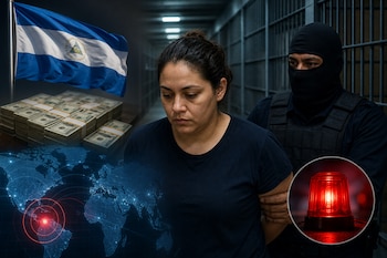 Una mujer es custodiada por un agente en una prisión junto a una bandera nicaragüense, fajos de dólares, un mapa global y una sirena roja.