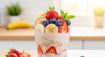 Un vaso transparente lleno de batido de avena, decorado con fresas, arándanos, rodajas de plátano y hojas de menta en la parte superior, sobre una encimera de cocina clara.