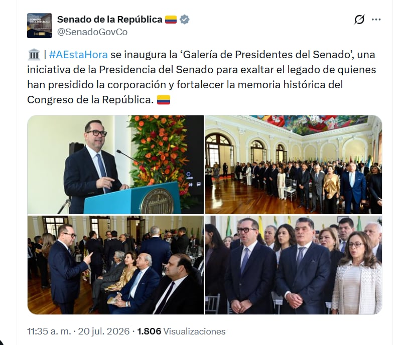 En el Congreso, inició la inauguración de la ‘Galería de Presidentes del Senado', que busca exaltar el legado de quienes han presidido la corporación - crédito @SenadoGovCo/X