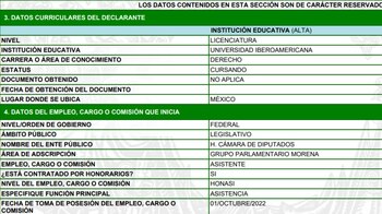 Captura de la declaración patrimonial