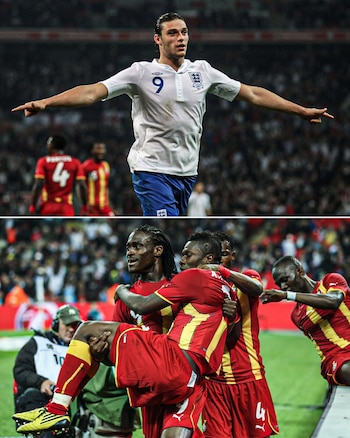 Andy Carroll y Asamoah Gyan convirtieron los goles en el empate entre Inglaterra y Ghana en 2011. - créditos: ESPN UK
