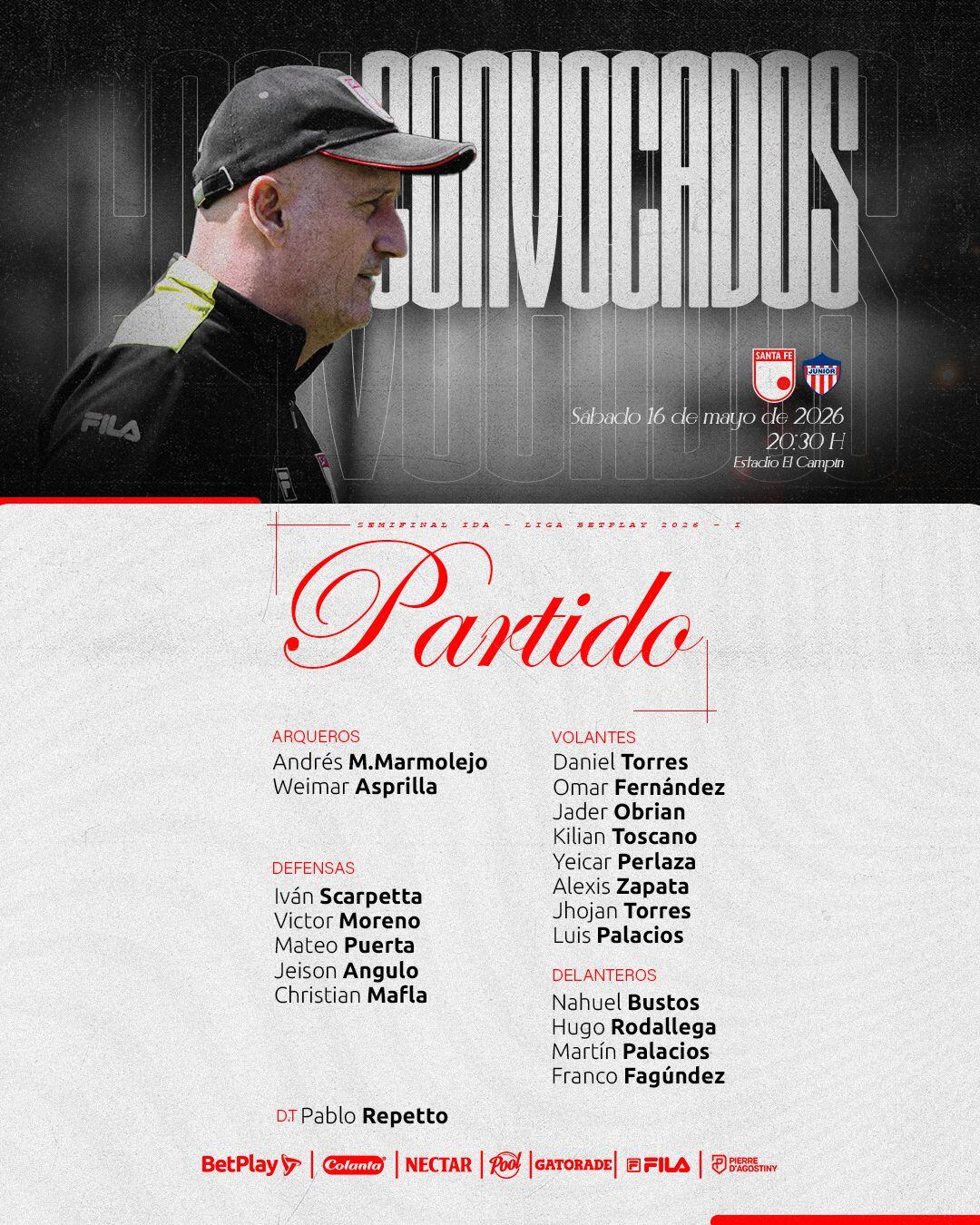 Lista de jugadores convocados por Santa Fe para enfrentar a Junior - crédito Santa Fe