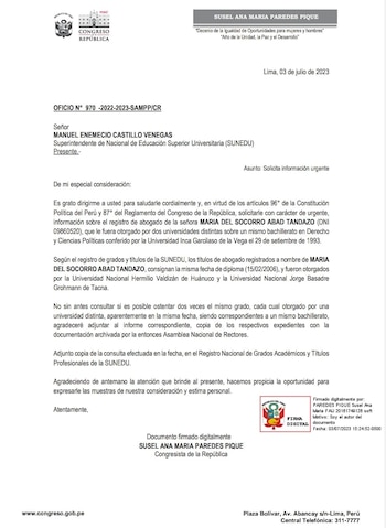 Documento enviado por la congresista.