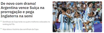 Titular de noticia sobre deporte, fútbol y Copa Mundial. Texto: Argentina 3 Suiza 1. Jugadores Messi, Álvarez, Martínez. Semifinal contra Inglaterra