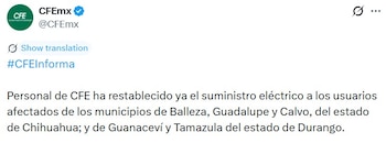 La CFE informó que el