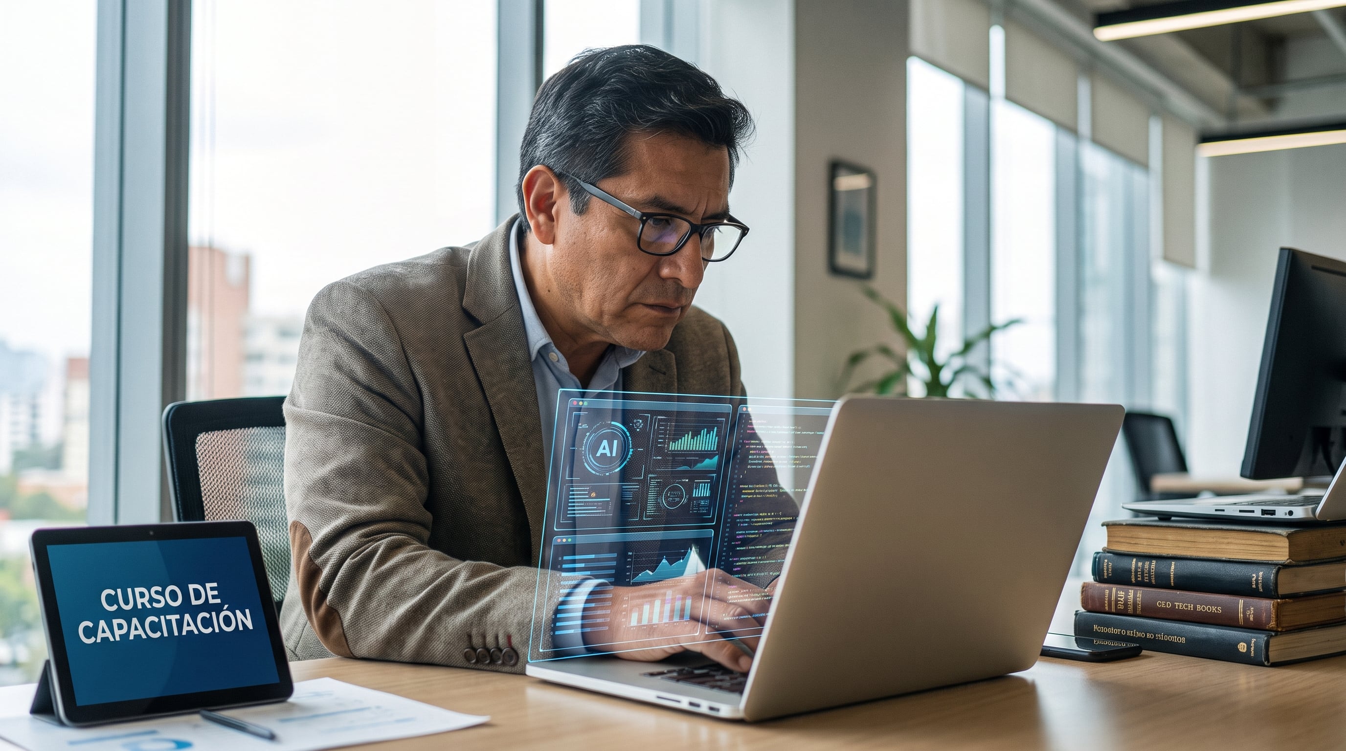 Un hombre utiliza un portátil con interfaz de inteligencia artificial proyectada y tiene una tableta con un curso de capacitación, lo que ilustra la necesidad de desarrollo de habilidades en el mercado laboral de Lima. (Imagen ilustrativa Infobae)