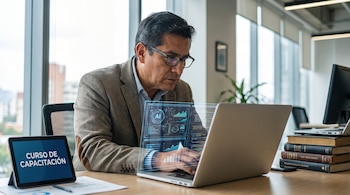Hombre de anteojos y saco, sentado en un escritorio frente a un ordenador portátil, con una interfaz de inteligencia artificial flotante. Hay una tableta con texto y libros apilados