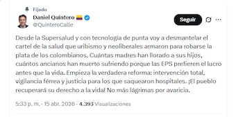 El exalcalde Daniel Quintero aseguró que su trabajo en la Superintendencia de Salud se centrará en hacer intervenciones - crédito @QuinteroCalle/X