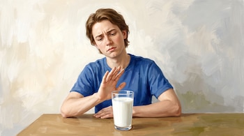 Ilustración de una persona sentada en una mesa de madera con un vaso de leche, la persona alza la mano derecha en señal de rechazo con expresión de duda.