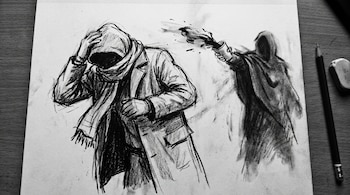 Dibujo en papel junto a un lápiz y una goma de borrar, con dos figuras encapuchadas y un choque de líquido lanzado desde un vaso.