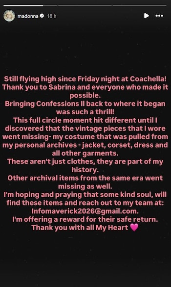 Madonna ofrece recompensa tras el robo de su traje y joyas en Coachella
