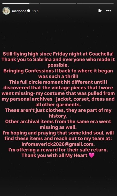 La artista ofreció una recompensa por la devolución de las prendas vintage desaparecidas durante la noche del evento en Indio (Instagram/@madonna)