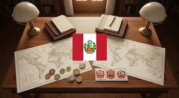 Bandera de Perú, mapas antiguos, monedas, sellos postales, libros y lámparas sobre una mesa de madera con fondo de biblioteca.