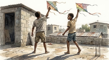 Ilustración acuarela de dos niños en un tejado en República Dominicana, elevando cometas. Uno de espaldas, el otro de perfil. Edificios y cielo claro visibles.