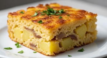 Primer plano de una porción cuadrada de kugel dorado sobre un plato blanco, mostrando su superficie crujiente, interior suave, trozos de patata, cebolla y perejil fresco.