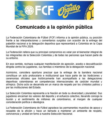El comunicado por parte de la Federación Colombiana de Fútbol se emitió el viernes 5 de junio de 2026, un día después del acto de entrega de la bandera - crédito cortesía Federación Colombiana de Fútbol