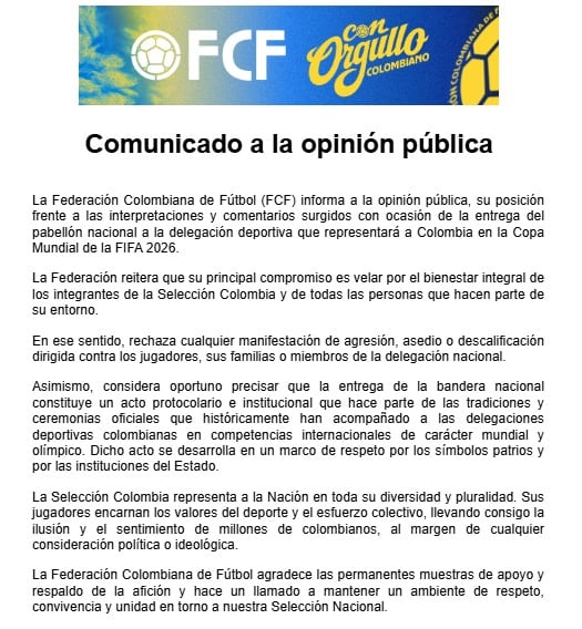 El comunicado por parte de la Federación Colombiana de Fútbol se emitió el viernes 5 de junio de 2026, un día después del acto de entrega de la bandera - crédito cortesía Federación Colombiana de Fútbol