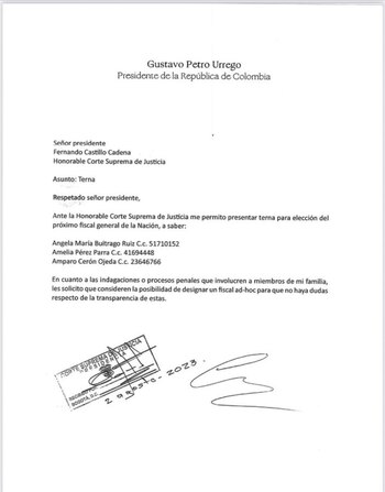 Carta enviada por el presidente