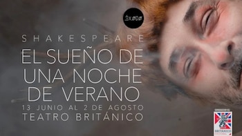 Primer plano del rostro de un hombre con barba y cabello rojizo, ojos cerrados, párpados enrojecidos y humo; incluye título y logos de obra teatral