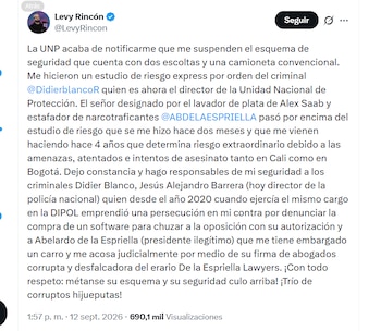 El influenciador Levy Rincón señaló al director de la UNP y al director de la Policía Nacional como responsables de su seguridad, ante el retiro de su esquema - crédito @LevyRincon/X
