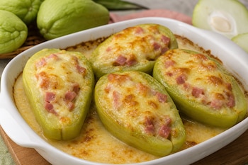 Cuatro chayotes rellenos con cubos de jamón y queso fundido en un recipiente blanco junto a hortalizas enteras.