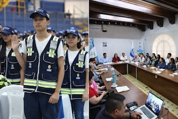 Díptico de dos fotos. Izquierda: Jóvenes con chalecos reflectantes y gorras, uno con mano levantada. Derecha: Mesa de reunión con personas y bandera de Guatemala.
