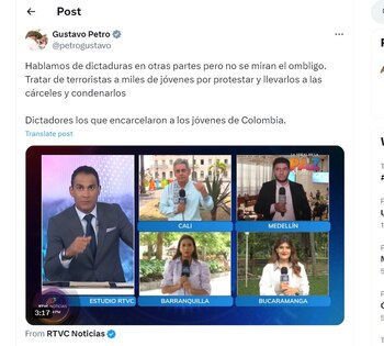 Gustavo Petro llama "dictadores" a quienes encarcelaron a integrantes de la Primera Línea - crédito @petrogustavo