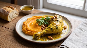 Plato con muslo de pollo en salsa amarilla, puré naranja, hojas verdes y almendras. Al lado hay pan, un cuenco con salsa y una ventana con luz.